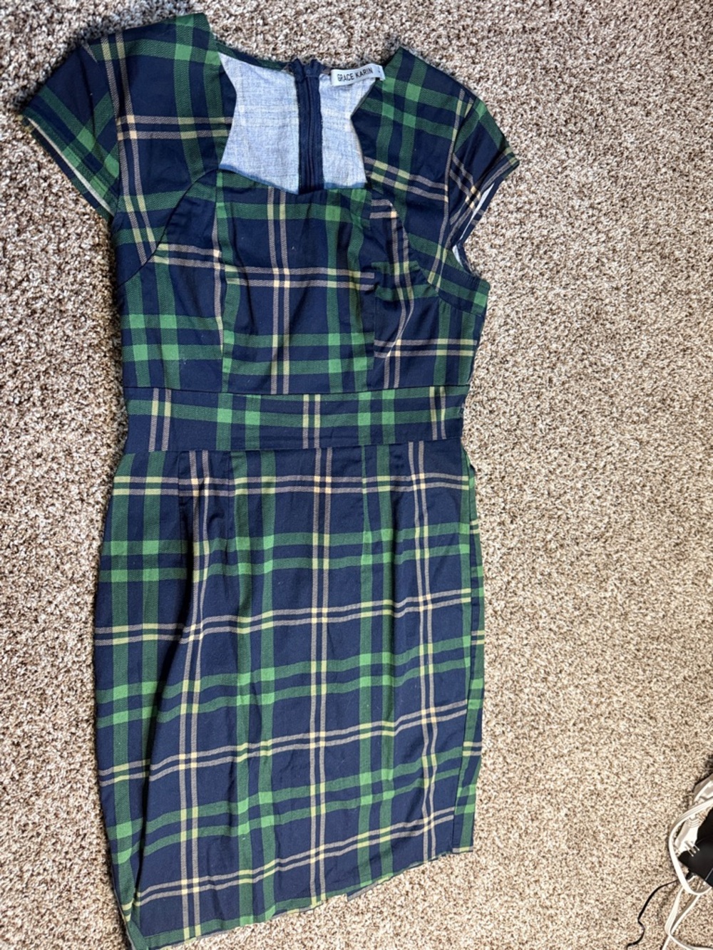 Grace Karin Navy and Green Plaid Dress - Classic Sheath